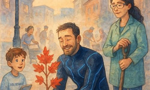 Un hombre, el Capitán Retícula, de rodillas, aliviado y sonriente, rasgos algo cansados, barba corta bien cuidada, traje negro con azul eléctrico y finas líneas luminosas, manos polvorientas, plantando un joven arce de hojas rojizas; a su derecha, la doctora Marea Quintero, 35–45 años, chaqueta de bata verde, gafas de protección, expresión serena y orgullosa, con una pala, mirándolo con aprobación; a la izquierda, un niño voluntario de unos 11 años, cabello corto castaño, ropa de voluntario y un cuaderno abierto, maravillado, junto a una barrera luminosa; al fondo vecinos rellenando la tierra en semicírculo solidario, una mujer con un carrito de la compra sonriendo; escenario en la Avenida del Faro al crepúsculo: calzada ancha de adoquines, base de farola rota, barreras de seguridad transparentes y drones de vigilancia lejanos, edificios con ventanas iluminadas y murales coloridos; momento: fin de un combate — el cielo muestra una cicatriz ya cerrada y la luz es suave — escena de reparación y unidad, colores cálidos y azules lavados, texturas fluidas y gotas de acuarela visibles, ambiente apacible y optimista.