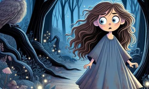 Una niña de 10 años, Lucía, con el cabello castaño desordenado y ojos llenos de curiosidad, se encuentra al borde de un sendero oscuro en el misterioso Bosque de las Sombras. Su rostro expresa tanto miedo como emoción, con mejillas ligeramente sonrojadas y cejas fruncidas. Lleva un vestido azul descolorido, un poco grande para ella, que flota alrededor de sus piernas. Cerca, un viejo búho de plumas grises y ojos amarillos la observa desde una rama, listo para darle consejos. El lugar es un bosque denso, con árboles retorcidos y troncos negros que se elevan hacia un cielo estrellado. Una ligera neblina envuelve el suelo, y flores fosforescentes emiten un suave resplandor, creando una atmósfera mágica y inquietante. Lucía se encuentra ante un cruce de senderos, dudando entre tres caminos: uno cubierto de flores marchitas que susurran su nombre, otro brillante con piedras centelleantes, y el último envuelto en una espesa neblina. Debe elegir su camino, con el corazón acelerado, lista para enfrentar lo desconocido.