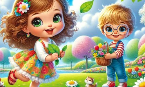 Una bambina di 4 anni, di nome Sofia, con grandi occhi brillanti e capelli ricci castani, indossa un vestito colorato e sandali rossi. È piena di gioia ed eccitazione, saltando sull'erba verde con una foglia fresca in mano. Accanto a lei, un bambino di 5 anni di nome Luca, con capelli biondi e occhiali rotondi, sorride mentre tiene un piccolo cestino pieno di fiori, inclinato in avanti alla ricerca di qualcosa nell'erba. Lo scenario è un parco primaverile vibrante di colori, con alberi in fiore, tulipani e margherite sparse sul terreno, e un cielo blu chiaro punteggiato di nuvole bianche. La scena principale mostra Sofia e Luca in una caccia al tesoro, circondati da fiori brillanti e un'atmosfera gioiosa, simboleggiando la magia della primavera.