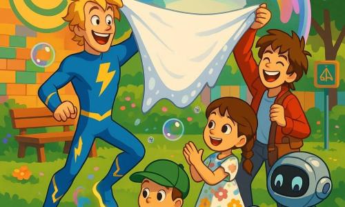 Flash Finn is an energetic smiling man with tousled blond hair, wearing a shiny blue outfit with yellow lightning motifs and glowing shoes; he taps his heels and holds a large soapy sheet in a dynamic, mischievous pose. Mischief Max is a teen boy with messy brown hair and a red jacket with a gadget pouch, laughing and helping hold the sheet to Finn’s left. A 6-year-old girl with braided hair in a floral dress claps and stands to Finn’s right; a 5-year-old boy wearing a green cap holds a watering can beside her. A child-sized round shiny robot in silver metal with friendly LED eyes waters flowers near a bench in the background. The scene is a colorful park called Meadowland Yards with bright green grass, clumps of multicolored flowers, a large smiling mural wall, stacked colorful bricks, wooden benches and playground signs. Together they lift the soaked sheet to form a huge iridescent translucent bubble reflecting rainbows, with smaller bubbles floating around, golden sunlight, a festive safe atmosphere, happy expressions and cooperative gestures. Visual style: saturated colors, crisp outlines, soft shadows, 3D cel-shading texture, composition centered on the large bubble with characters arced around it.