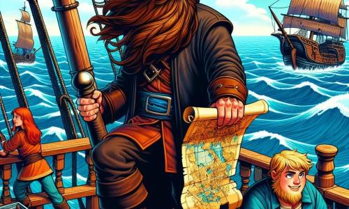 Een man met een verweerd gezicht, Kapitein Stormbaard, staat trots op het dek van zijn schip, de wind laat zijn lange bruine baard wapperen als een zeil. Zijn ogen stralen van opwinding en vastberadenheid terwijl hij de horizon in de gaten houdt met een oude kaart in zijn hand. Naast hem past Finn, een jonge man van ongeveer 20 jaar met een stralende glimlach en messy blond haar, het roer aan met een vermakelijke concentratie. Lola, een robuuste vrouw van een dertig jaar met rood haar en een keukenschort, staat dicht bij de keuken van het schip, klaar om een grap te maken terwijl ze een gerecht bereidt. De achtergrond toont een uitgestrekte blauwe oceaan met witte golven onder een zonnige lucht, terwijl het houten schip met witte zeilen door de golven snijdt. Op de achtergrond is het sinistere schip van Kapitein Brakbek te zien, een zwart schip met gescheurde zeilen, dat snel nadert, klaar om Stormbaard uit te dagen. De belangrijkste situatie toont Kapitein Stormbaard, vastberaden en onverschrokken, klaar om zijn rivaal te confronteren terwijl hij zijn kaart stevig vasthoudt, terwijl zijn vrienden zich voorbereiden om hem te helpen in dit spannende avontuur.