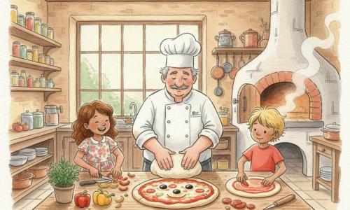 Een warme, glimlachende chef Joris met ronde gezicht, grijze snor en hoge witte koksmuts in schone koksbuis kneedt energiek deeg op een grote houten tafel; links Sophie (ongeveer 8) met kastanjebruine krullen en bloemenjurk snijdt paprikareepjes bij een pot verse kruiden, rechts Max (ongeveer 8) met warrig blond haar en rood T-shirt smeert tomatensaus op een ronde bodem. De rustieke keuken heeft houten balken, licht tegelwerk, een grote raam met ochtendlicht, kleurrijke glazen potten en koperen pannen; een oude oven laat stoom ontsnappen. Samen bereiden ze een grote vrolijke pizza met saus, smeltende kaas en olijven als ogen, in een zachte, aquarelachtige sfeer.