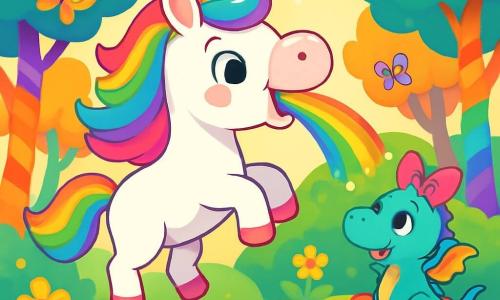 Una unicornio alegre, con una melena brillante de colores vivos (rosa, azul, verde) y un cuerno dorado brillante, se encuentra en el centro de la escena. Sus grandes ojos chispeantes expresan una inmensa alegría, mientras salta en el aire, dejando escapar un arcoíris luminoso por su nariz. A su lado, un pequeño dragón azul con una larga cola y alas diminutas, que lleva un gran lazo rosa en la cabeza, sonríe con asombro. Está sentado sobre una gran flor colorida, observando a la unicornio con admiración. El decorado es un fantástico Bosque de los Colores Locos, lleno de árboles de troncos multicolores que bailan, flores cantantes y nubes en forma de caramelos. Mariposas de alas brillantes vuelan alrededor, añadiendo un toque de magia al entorno. La escena muestra a la unicornio y al dragón divirtiéndose juntos, mientras la unicornio se prepara para un gran estornudo, lista para liberar un arcoíris brillante, mientras todos los animales del bosque se agrupan a su alrededor, ansiosos por ver el espectáculo.