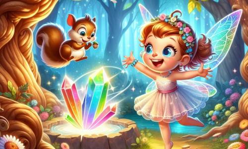 A little fairy named Lila, with sparkling rainbow-colored wings, joyfully flies above a beautiful enchanted garden. Her face is lit up by a bright smile, and her eyes sparkle with excitement as she discovers a glowing magical crystal in the center of a clearing. Nearby, a mischievous squirrel named Sammy, with brown fur and a bushy tail, curiously watches Lila from a tree branch, holding a hazelnut and ready to cheer her on in her adventure. The setting is an enchanted clearing surrounded by majestic trees with gnarled trunks and golden leaves shimmering in the sunlight. Colorful flowers gently sway with the wind, and a soft sound of water from a magical fountain adds a fairy-tale ambiance. The main scene shows Lila, amazed, approaching the glowing crystal that pulses with a soft light, while Sammy encourages her to make a wish, creating an atmosphere of excitement and magic in this fantastical world.
