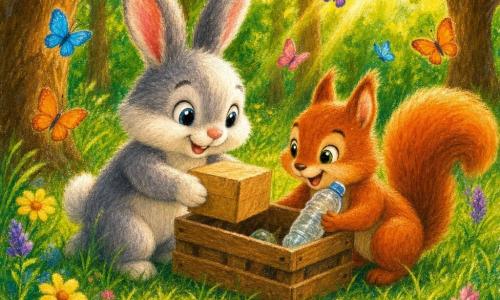 Un mic iepure pe nume Lini, blană alb-gri pufoasă, ochi mari și zâmbet, pune o cutie de carton într-o ladă de lemn; lângă el, o veveriță roșcată pe nume Simi, cu ochi jucăuși, ridică o sticlă de plastic și o întinde spre ladă; fluturi colorați și buburuze lângă o băltoacă strălucitoare, într-o poiană cu iarbă înaltă și stejari, raze de soare — amândoi curăță și sortează împreună, în mod blând și cooperant, atmosferă optimistă.