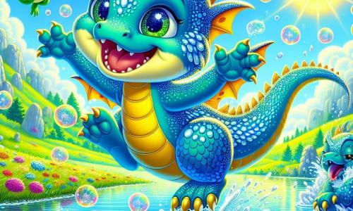 A joyful and curious dragon named Pip, with shiny azure scales and sparkling emerald eyes, stands at the center of the image, wearing a wide smile. He is jumping from bubble to bubble over a shimmering lake, splashing water around him with an expression of excitement and happiness. Next to him, a small frog king, King Ribbit, with a golden crown and a round belly, jumps on a bubble, laughing heartily, his webbed feet joyfully extending. Further away, a group of colorful dandelions with smiling faces and golden petals dance around Pip, adding a touch of magic to the scene. The setting is a vast, bright lake surrounded by lush green hills, where multicolored flowers bloom abundantly. The sky is a brilliant blue, dotted with candy-shaped clouds, and the sun shines warmly, creating sparkling reflections on the water. The main scene shows Pip having fun jumping from bubble to bubble, surrounded by his funny friends, celebrating a day full of laughter and adventures in this fantastical world.