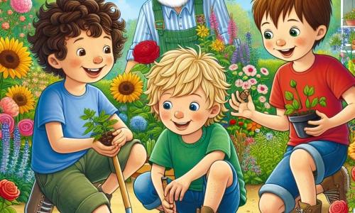 Three nine-year-old boys stand in the center of a colorful garden: Oliver, a boy with curly brown hair wearing a blue t-shirt and shorts, smiles while holding a small shovel; Max, a blond boy with sparkling eyes dressed in a red t-shirt and shorts, makes funny gestures with his dirt-covered hands; Leo, a boy with brown hair and round glasses, wearing a green t-shirt and jeans, carefully examines a seed he holds between his fingers. The garden is lush, filled with vibrant flowers – roses, sunflowers, and daisies – and growing vegetables, with butterflies fluttering around and bees buzzing happily. In the background, an elderly man, Mr. Thompson, with white hair and a neat beard, is crouched down planting seeds in the fertile soil, surrounded by flower pots. The scene shows the boys planting seeds in the garden, laughing and having fun while Mr. Thompson explains the importance of caring for nature. The sun shines in a clear blue sky, adding warmth and joy to this spring day.