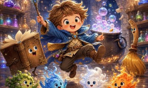 Main character: a 9-year-old apprentice wizard with a round, chubby face, tousled light brown hair, an oversized blue cloak, rosy cheeks and a joyful, awed expression; he dances with a big clumsy step holding a small wooden wand topped with a glowing stone. Secondary: a living brown leather grimoire with large drawn 
