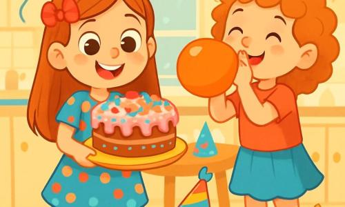 A 6-year-old girl named Lucy, with big bright eyes and a radiant smile, is at the center of the image. She wears a colorful polka dot dress and striped socks while holding a large plate of cake decorated with sprinkles and candies. Next to her is her best friend Emma, also 6, with curly hair and fair skin, blowing up colorful balloons with a big smile. Their small dog, Muffin, an adorable golden-haired puppy, wears a party hat that slips over his eyes, adding a comedic touch to the scene. The setting is a bright and cheerful kitchen adorned with colorful balloon garlands and a large table decorated with paper hats. In this illustration, Lucy and Emma are preparing for Lucy's birthday party, surrounded by laughter and joy, while Muffin tries to grab a falling piece of cake.
