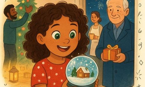 A joyful 10-year-old girl with curly brown hair and bright green eyes in a red polka-dot dress holds a sparkling snow globe as Mr. Thompson, a shy smiling man of about 70 with gray hair and a navy coat, offers a small package from the doorway; her father, about 40 with a short beard and wool jacket, hangs a light garland by the decorated Christmas tree to the left, while the mother, about 38 with hair tied and an apron, holds a cup of hot chocolate near the kitchen table in the background; the cozy living room features a tree with gold ornaments and a bright star, multicolored garlands, lanterns along the outside path seen through the open door, and a starry night with colorful fireworks reflecting red, blue, and gold on faces—an intimate festive moment of discovery, rendered in vivid contrasting colors, soft rounded lines, powdery snow-globe texture, and doodle overlays of stars, hearts, and confetti.
