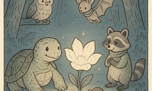 A slow, round female turtle with a ridged, moss-patterned shell, gentle bright eyes and a calm smile sits beside a moon-flower bud, one foot resting on a small glowing pebble; a delicate bat with folded wings like a scarf, curious eyes and large ears hovers above the turtle, marveling at the flower; a striped raccoon wearing a light scarf stands shyly to the right, smiling and observing; a small mole with a rounded snout and crumpled glasses pops out of a pile of leaves to the left, muddy paws applauding silently; an old owl with rumpled feathers and a wise gaze perches on a stump overseeing the clearing; the round glade has fine, silvery grass, low flowers, a few ferns and tall textured trees forming a protective circle; at the center the large moon-flower opens smooth translucent petals, emitting soft concentric light and tiny sparks; the friends watch the moon-flower open in a centered composition, tender expressions and a peaceful nocturnal atmosphere.