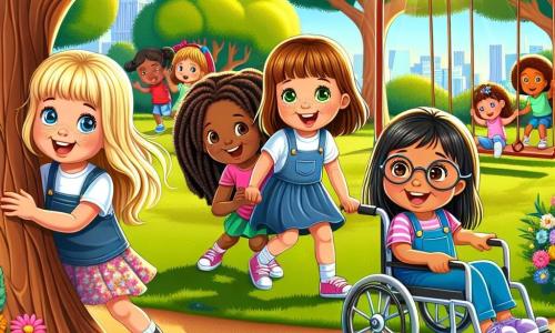 In a sunny park, four young girls are playing together. On the left, Emma, an 8-year-old with blonde hair and blue eyes, is joyfully hiding behind a large tree. Next to her, Lily, a 7-year-old with brown hair and freckles, is hiding behind a bush, giggling softly. In the center, Mia, an 8-year-old with black hair and brown eyes, is crouched behind a swing, ready to jump out. Finally, on the right, Sophie, a 9-year-old with brown hair and glasses, is in her wheelchair, smiling and watching her friends with enthusiasm. The park is filled with greenery, majestic trees, colorful flowers, and a bright blue sky. The children's laughter fills the air, creating a joyful and welcoming atmosphere. The scene shows the girls playing hide and seek, illustrating their friendship and acceptance, while Sophie, despite being in her wheelchair, actively participates and smiles, proving that friendship knows no bounds.