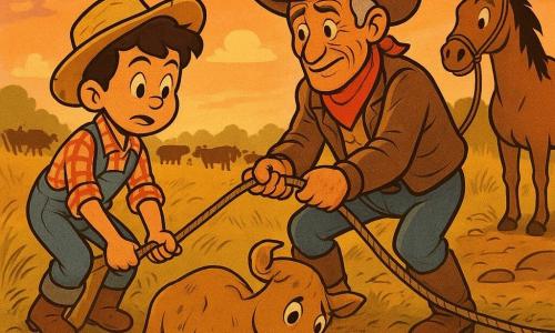 Een rijpe cowboy met gerimpeld gebruind gezicht, breed vilten hoed, rood bandana, stoffige leren jas en versleten laarzen trekt aan een touw om een vastzittend lichtbruin kalf van de modderige rivieroever te bevrijden; links van hem helpt een ongeveer 12-jarige jongen met warrig bruin haar, strohoed en opgerolde geruite mouw aan een noodplank. Het kalf zit met een poot tussen wortels in ondiep, licht stromend water, modder aan de zijkanten. Achteraan staat het bruine paard Wind rustig toe te kijken, terwijl de rest van de kudde een beschermende cirkel vormt. De plek is een slingerende rivierbocht met modderige oevers, hoge gouden prairiegrassen, natte rotsen en een geïmproviseerde plankbrug; de late namiddagzon werpt warme oranje-mauve reflecties op het ijsblauwe water en stofdeeltjes zweven in de lucht.