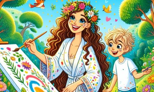 A young woman named Lily, with long curly light brown hair, smiles happily while painting on a canvas. She wears a white smock splattered with colorful paint, and her eyes shine with excitement. Next to her is a 7-year-old boy named Ben, with messy blonde hair and a blue t-shirt, attentively watching the canvas while holding a paintbrush. They are in a lush park, surrounded by tall trees with vibrant leaves and colorful flowers dancing in the sunlight. Birds sing in the blue sky, and a big smiling sun brightens the scene. Lily and Ben are painting together, creating joyful shapes and bright colors, filled with laughter and creativity.