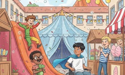 Four boys at a schoolyard carnival: a ~10-year-old with tousled brown hair in a colorful jester costume (red, yellow, green) laughing as he slides down a large inflatable slide (center-left); an ~11-year-old with short black hair in a wheelchair with a shimmering blue cape flowing behind him, propelling himself toward the bottom of the slide (center-right) and looking at his friends; an ~8-year-old small boy with oversized glasses and a fake mustache holding a small green plush dragon, waiting at the slide’s base in the foreground with a delighted face; and a ~10-year-old blond boy in a striped tee clapping and smiling near a cotton candy stand on the right. The schoolyard is festooned as a carnival with red-and-white striped banners, yellow lantern garlands, brightly painted wooden booths, a glittery tent and a large orange-pink inflatable slide dominating the background, paved ground strewn with confetti. The scene is dynamic and joyful—capes and hair in motion, soap bubbles and confetti in the air—rendered in colorful ink with crisp lines, saturated colors, soft shadows and detailed fabric and plush textures.