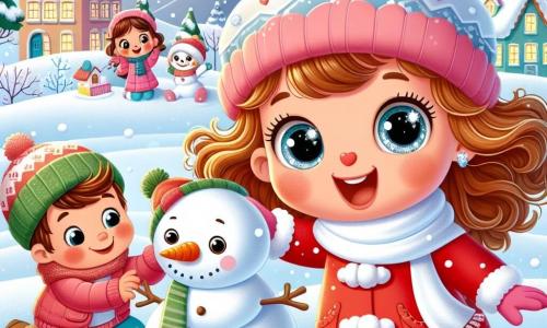 Una niña de 3 años llamada Lucía, con grandes ojos brillantes y cabello rizado, lleva un abrigo rojo, una bufanda blanca y botas azules. Salta de alegría en la nieve, con los brazos levantados y una gran sonrisa. Junto a ella, su amigo Tomás, un niño de 4 años con cabello castaño y una gorra verde, construye un muñeco de nieve, concentrado y sonriente, con una zanahoria como nariz. Un poco más lejos, Sofía, una niña de 4 años con cabello largo y liso, vestida con un abrigo rosa, dibuja un paisaje invernal en una hoja de papel, sentada en la nieve. El lugar es un pequeño pueblo nevado, rodeado de montañas, con casas coloridas y techos cubiertos de nieve. Copos de nieve caen suavemente del cielo azul claro, creando una atmósfera mágica y alegre. La escena principal muestra a Lucía y sus amigos divirtiéndose juntos en la nieve, creando recuerdos invernales llenos de risas y creatividad mientras preparan su proyecto artístico para la escuela.