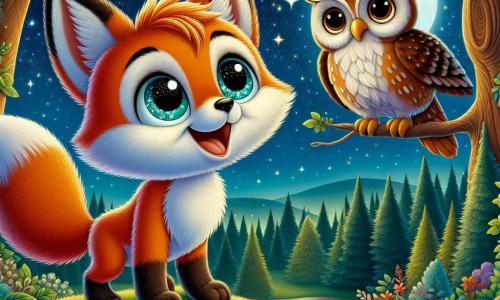 Ein junger Fuchs namens Felix mit leuchtend orangefarbenem Fell und neugierigen Augen steht auf einem kleinen Vorsprung und schaut staunend in den Sternenhimmel. Er zeigt eine Miene der Freude und des Staunens, seine Ohren sind aufgerichtet und sein Schwanz um seine Pfoten gewickelt. Neben ihm sitzt ein weiser alter Uhu namens Ulrich mit braun-weißen Federn und großen runden Augen auf einem Ast. Er hat einen ruhigen und wohlwollenden Ausdruck und beobachtet Felix mit einem leichten Lächeln, bereit, seine Weisheit zu teilen. Die Szene spielt in einem Mondschein in einem verzauberten Wald, wo majestätische Bäume stehen und deren Blätter im Sternenlicht funkeln. Der Boden ist mit bunten Blumen und sanften Gräsern bedeckt, was eine magische und friedliche Atmosphäre schafft. Felix, der Fuchs, betrachtet die Sterne und sucht nach Antworten auf die großen Fragen des Lebens, während Ulrich, der Uhu, ihn ermutigt, zu erkunden und den Sinn seiner Existenz zu entdecken.