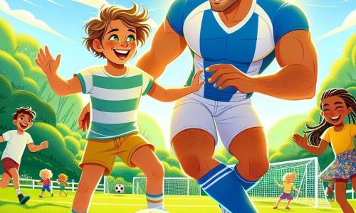 Um homem alto e musculoso, com um sorriso caloroso e cabelos castanhos, veste uma camisa de futebol azul e branca. Ele está driblando uma bola de futebol em um campo verdejante, seu rosto radiante de alegria e determinação. Ao seu lado, um garoto de 8 anos, com cabelos bagunçados e olhos brilhantes, usa uma camiseta amarela e shorts. Ele salta de alegria, aplaudindo seu herói enquanto tenta imitar seus movimentos. Um pouco mais longe, uma menina de 7 anos, com tranças e um vestido colorido, dança ao ritmo, incentivando os dois meninos com um grande sorriso. O local é um parque ensolarado, cheio de vegetação, com árvores majestosas e flores coloridas ao redor do campo de futebol. Ao fundo, podem-se ver crianças brincando e famílias fazendo piquenique, criando uma atmosfera alegre e animada. A situação principal mostra o homem, o garoto e a menina compartilhando um momento de felicidade, onde o herói ensina movimentos de futebol ao jovem, enquanto a menina dança e incentiva, ilustrando o espírito de amizade e compartilhamento em torno do esporte.
