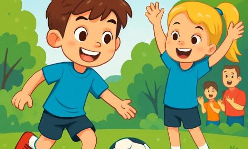 Un băiat de 10 ani, Alex, cu părul castaniu și ochii strălucind de bucurie, driblează o minge de fotbal pe un teren însorit. Poartă un tricou albastru, o pereche de pantaloni scurți negri și adidași roșii, având un zâmbet mare de entuziasm. Aproape de el, coechipiera sa Raluca, o fetiță de 9 ani cu părul lung și blond, poartă un tricou asortat și aplaudă încurajându-l, cu brațele ridicate. Terenul este înconjurat de verdeață, cu copaci verzi și spectatori veseli pe margini, toți zâmbind și aplaudând. Situația principală îl arată pe Alex în plină acțiune, pregătit să paseze mingea către Raluca, ilustrând spiritul de echipă și camaraderia în joc.
