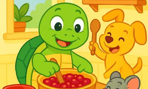 Toto the turtle, with a shiny green shell and sparkling eyes full of joy, is mixing red, juicy berries in a large wooden bowl, wearing a big smile. Pip the puppy, with his golden fur and floppy ears, jumps around Toto, eyes wide with excitement, holding a small wooden spoon. Mimi the mouse, with her gray fur and tiny paws, stands on the edge of the table, tasting a drop of jam with a delighted expression. The setting is a sunny kitchen, with pastel yellow walls, open windows letting in light, and shelves filled with colorful jars of jam. The main scene shows Toto and his friends making berry jam, laughing and having fun together, surrounded by fresh fruits and kitchen utensils, creating a joyful and friendly atmosphere.