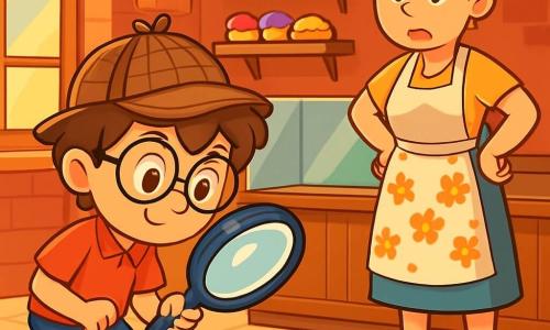 Een jonge jongen, Sam, zes jaar oud, met rommelig bruin haar en ronde bril, kijkt aandachtig naar een schoenafdruk op de grond. Hij draagt een kleine detectivepet en houdt een grote vergrootglas vast, zijn gezicht is geconcentreerd en nieuwsgierig, met sprankelende ogen van opwinding. Naast hem staat een vrouw, mevrouw Roos, de bakkerij, ongeveer 40 jaar oud, met blond haar in een knot en een bloemen schort, met een bezorgde blik en haar handen op de heupen, voor een grote lege vitrine van haar bakkerij. De bakkerij is warm en uitnodigend, met rode bakstenen muren, planken vol kleurrijke gebakjes en een zachte gouden licht dat door de ramen filtert. De belangrijkste situatie toont Sam die de schoenafdruk onderzoekt, terwijl mevrouw Roos om zich heen kijkt, hopend haar waardevolle verdwenen koekjes terug te vinden.