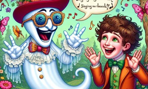 Un fantasma gioioso di nome Fantasmino fluttua nell'aria, con occhiali da sole brillanti e un cappello a cilindro colorato. Il suo volto è radioso di felicità e ride raccontando una barzelletta. Accanto a lui, un ragazzo di nove anni di nome Leo, con capelli ricci color cioccolato e occhi verdi scintillanti, ride a crepapelle, con le braccia alzate in segno di gioia. Si trovano entrambi nel Giardino delle Risate, un luogo magico pieno di fiori colorati che ridono e danzano, con alberi dai tronchi sorridenti e farfalle cantanti che svolazzano intorno a loro. La scena mostra Leo e Fantasmino mentre condividono barzellette, circondati da un'atmosfera di felicità e risate, mentre i fiori sembrano inchinarsi per ascoltare le loro storie divertenti.
