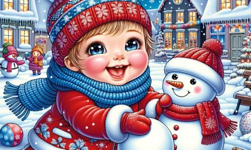 Una bambina di un anno, con grandi occhi brillanti e guance rosa, ride felice mentre gioca nella neve. Indossa un cappotto rosso vivo, una sciarpa blu e un berretto di lana con un pon-pon. Accanto a lei c'è un pupazzo di neve, con un grande sorriso, un cappello rosso e una sciarpa blu, che la incoraggia a costruire altri pupazzi di neve. Lo sfondo è una pittoresca strada innevata, con case dai tetti coperti di neve, luci colorate che brillano alle finestre e fiocchi di neve che cadono dolcemente dal cielo stellato. La scena principale mostra la bambina e il pupazzo di neve mentre rotolano palle di neve per creare un nuovo pupazzo, circondati da risate e gioia, illustrando lo spirito del Natale e la magia dell'amicizia.