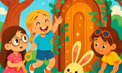 Ci sono 3 personaggi: - Giulia: una ragazza di 8 anni con lunghi capelli castani e occhiali rotondi. Indossa un vestito rosa a pois e tiene in mano una chiave d'oro brillante. È a sinistra, guardando con meraviglia la porta segreta. - Emma: una ragazza di 7 anni con capelli biondi intrecciati e un sorriso radioso. Indossa una maglietta blu e un pantaloncino di jeans. È al centro, saltando di gioia mentre indica la porta magica. - Sofia: una ragazza di 8 anni con capelli castani ricci e occhiali da sole sulla testa. Indossa una gonna verde e una maglietta gialla. È a destra, chinata per osservare il terreno, dove si trova un coniglio gigante con orecchie lunghe e colorate. L'ambientazione è un giardino incantato, pieno di fiori multicolori, alberi con tronchi a spirale e una grande porta di legno decorata con edera e motivi scintillanti. Il cielo è di un blu brillante, punteggiato da nuvole a forma di caramelle. La scena principale mostra le tre amiche che scoprono la porta segreta che conduce a un mondo magico, con espressioni di sorpresa ed eccitazione sui loro volti, mentre un coniglio gigante le osserva con un sorriso malizioso.
