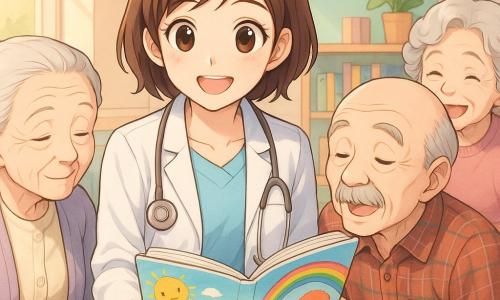 Dottoressa di circa 30 anni, capelli castani corti, occhi grandi e luminosi in stile manga, sorriso caldo; indossa un camice bianco pulito, uno stetoscopio argentato al collo e tiene aperto un libro illustrato e colorato; signora anziana di circa 80 anni, capelli bianchi raccolti in uno chignon, volto rugoso ma sorridente, seduta a sinistra, ascolta tenendo la mano della dottoressa; uomo anziano di circa 75 anni, baffi, camicia a quadri, seduto a destra, canta piano guardando la copertina del libro; signora anziana di circa 78 anni, capelli argentati ricci, mani sulle ginocchia, seduta dietro, ride piano alle immagini; sala comune dell'ospedale luminosa e accogliente con grandi finestre che lasciano entrare un sole dorato, pareti pastello rosa pallido e verde menta, scaffali bassi pieni di libri illustrati, cuscini colorati e piante in vaso; situazione principale: la dottoressa legge una storia animata a un piccolo gruppo di pazienti anziani seduti in cerchio, atmosfera tenera, calma e calorosa, illustrazioni molto colorate visibili, espressioni di attenzione e gioia sui volti.