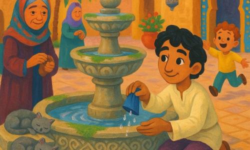 Giovane uomo inginocchiato al bordo di una fontana antica, sorride dolcemente, occhi grandi e luminosi, pelle olivastra, capelli neri ondulati; versa con cura la rugiada da un piccolo panno blu nell'acqua, volto pieno di speranza. Donna anziana (Yasmina), circa 65 anni, pelle rugosa, mani sottili, capelli grigi coperti da un foulard colorato, sullo sfondo a sinistra con un sacchettino di semi profumati, guarda la fontana con tenerezza. Bimbo di circa 6 anni, capelli corti e ricci, carnagione chiara, corre verso la fontana a destra a braccia aperte, gioioso e meravigliato. Due gattini grigi addormentati sui gradini della fontana e alcuni passerotti colorati che beccano briciole vicino al bordo. Piazza centrale ispirata alle Mille e Una Notte: lastrico di pietre calde, palme, lanterne in metallo cesellato sospese, muri ocra con mosaici blu e dorati, vasi di terracotta. Fontana centrale in pietra scolpita, vasche tonde sovrapposte, motivi arabeggianti, leggera muffa verde sui bordi, acqua calma che riflette il cielo rosa del mattino. Situazione principale: gesto semplice e tenero — l'uomo versa la rugiada nella fontana; la scena è immersa in una luce morbida e dorata, i volti esprimono dolcezza, speranza e meraviglia.