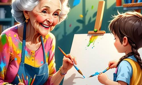 Una donna anziana, con la pelle morbida e rugosa e capelli bianchi come la neve, sorride gioiosamente mentre tiene un grande pennello in mano. Indossa un camice macchiato di vernice multicolore, i suoi occhi brillano di entusiasmo e passione per l'arte. Accanto a lei, una ragazza di 8 anni, con capelli rossi intrecciati e occhi scintillanti, osserva attentamente la tela bianca, con un sorriso meravigliato sul volto. Un ragazzo di 7 anni, con capelli castani in disordine, si diverte a mescolare i colori su una tavolozza, con le mani piene di vernice, ridendo a crepapelle. La scena si svolge in un giardino soleggiato, pieno di fiori colorati e alberi verdi, con una grande tela bianca installata su cavalletti di legno. Barili di vernice e pennelli sono sparsi intorno a loro, creando un'atmosfera gioiosa e creativa. I bambini si preparano a dipingere insieme un'opera collettiva, piena di colori vivaci e immaginazione, mentre la donna li incoraggia con uno sguardo benevolo, creando un'atmosfera di condivisione e gioia.