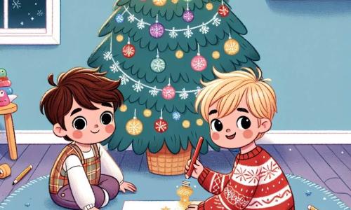 Nico es un niño de cuatro años, con cabello castaño desordenado y ojos llenos de curiosidad. Está sentado en el suelo, rodeado de crayones de colores, dibujando un gran árbol de Navidad en una hoja de papel. A su lado, su amigo Leo, también de cuatro años, tiene cabello rubio y lleva un suéter rojo con motivos de copos de nieve. Sostiene un frasco de purpurina dorada, listo para añadirlo al dibujo. La escena ocurre en la habitación de Nico, decorada con guirnaldas luminosas y un gran árbol de Navidad en una esquina. Las paredes son de color azul claro y hay juguetes coloridos esparcidos por el suelo, creando un ambiente festivo y alegre. La situación principal muestra a Nico y Leo, concentrados y sonrientes, decorando el dibujo con purpurina, transformando su obra en un regalo brillante y especial para la abuela de Nico.