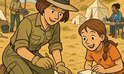 Archaeologist Lina, about 35, slightly tanned, brown bob, wide-brim hat, rolled-up khaki shirt, cargo pants and gloves, kneels and gently brushes a small wavy-decorated pottery sherd with a trowel beside her; nearby, 11–12-year-old June, light brown hair in a braid, wide-eyed and excited, crouches to the right with a notebook and pencil, closely observing and taking notes; in the background left, Malik, about 28, olive-skinned with a short beard and cap, stands by a shade cloth holding a metal sieve and a wooden toolbox; to the right and a bit back, conservator Amara, 30–40, in a blue smock and magnifying glasses, readies tweezers and cotton at an improvised lab table; the setting is a wide sandy valley with low hills, ochre dusty ground, a grid marked by cord lines, small white tents, a striped shade tarp, buckets, shovels and sieves on planks, bright windy conditions with dry grasses moving — the moment captures the precise discovery and care: Lina cleaning the sherd in the foreground while the coordinated team prepares and documents in the background.
