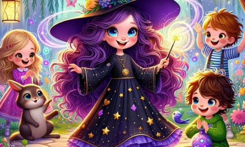 Al centro dell'immagine, una giovane strega di nome Lilla, di circa 10 anni, sorride con vivacità, i suoi occhi brillano di malizia. Ha lunghi capelli ricci di colore viola, un vestito nero decorato con stelle dorate e un cappello a punta leggermente inclinato. Lilla fa volteggiare la sua bacchetta magica, circondata da una nuvola di creature magiche colorate che danzano attorno a lei. Accanto a lei, la sua migliore amica Bianca, una ragazza di 10 anni con capelli biondi e occhi blu, indossa un abito verde con motivi floreali e ride felice mentre tiene in mano una pozione scintillante, pronta ad aiutare Lilla a controllare il caos magico. Più lontano, si vede Tontolino, un ragazzo di 9 anni con capelli castani arruffati, che applaude e ride seduto su una panchina di legno. La scena si svolge in un grande giardino incantato, pieno di fiori multicolori, alberi alti con foglie brillanti e lanterne fluttuanti che illuminano l'atmosfera. Farfalle e uccelli magici volano intorno, aggiungendo alla magia del momento. La situazione principale mostra Lilla in mezzo a un balletto di creature fantastiche che danzano attorno a lei, creando un turbine di gioia e risate, mentre il sole tramonta all'orizzonte, tingendo il cielo di sfumature dorate e rosa.