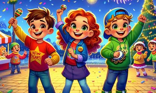 In a magical park, three children are gathered to celebrate New Year's Eve. Max, a nine-year-old boy with messy brown hair and a red t-shirt, stands in the center with his arms raised in joy. To his right is Lily, a girl with curly red hair wearing a bright green sweater, smiling and waving colorful confetti. On the left is Tom, a boy with a blue cap worn backward and a yellow sweatshirt, holding a tambourine and dancing energetically.

The park is illuminated by sparkling string lights, and a large decorated Christmas tree stands in the middle, surrounded by game and treat stalls. Fireworks burst in the starry sky, adding a magical touch to the festive atmosphere.

The children sing and dance together, surrounded by laughter and colors, eagerly awaiting the countdown to the new year.