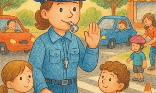 A smiling, kind female police officer with soft eyes and a round face wears a light blue uniform with a quilted jacket, shiny cap and a silver whistle she gently blows while raising her right hand in a calm, confident posture; a 5-year-old girl (Ana) in a yellow dress holding a small brown teddy and an adult's hand stands at the front left on the sidewalk, a 7-year-old curly brown-haired boy with a red backpack waits in line beside her looking left and right, and a mother fastens a pink helmet on a 4-year-old boy slightly in the background to the right; two drivers in small colorful cars (red and blue) are stopped at the white zebra crossing, windows down and smiling; setting: a street corner outside a school with a bakery on the corner, young green-leaved trees, a wooden bench, orange cones and white painted lines on the asphalt in golden morning light; main scene: a safe crossing at the zebra crossing with a gentle interaction between the officer and the children, clear gestures and a warm reassuring atmosphere; style: colored pencil, soft strokes, bright colors, grainy textures and simple, readable facial expressions for the children.