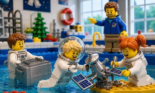 Hoofdpersonage: jongen ±8 jaar, blond kort haar, verwonderde glimlach, witte LEGO-achtige ruimtepak met zilveren randen en grote doorzichtige vizier, licht zwevend in water en reikt naar een klein zilveren speelgoed-satelliet; Bijfiguur 1: jongen ±9 jaar, bruin haar, geconcentreerd, in wit pak, duwt links van hoofdpersonage een grote zilverkleurige kunststof kist naar het midden van het bassin; Bijfiguur 2: meisje ±7 jaar, rood haar in staart, lacht, in wit pak, geknield op een drijvend platform rechts van hoofdpersonage, schroeft een klein schroefje in de satelliet; Bijfiguur 3: volwassen man (trainer) ~35 jaar, blauw trui, kort haar en lichte baard, staat op de rand van het bassin, glimlacht en wijst ter begeleiding; Locatie: groot verlicht binnenbassin met wit tegelwerk en blauwe rand, posters van astronauten, kleurige reddingsboeien en drijvende oefenbuizen, zacht licht van grote ramen; Situatie: samenwerkende, speelse reparatiescène waarbij kinderen in witte pakken zacht in het water zweven om een aan een touw bevestigde kleine zilveren satelliet te repareren, minimale spatten, vrolijke en geconcentreerde gezichten.