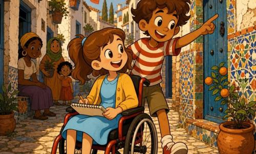 Ci sono due bambini: Sofia, 9 anni, capelli castano chiaro raccolti in una coda, occhi curiosi, veste un abito celeste e un piccolo gilet giallo, è seduta in una moderna sedia a rotelle rossa in primo piano a sinistra, sorride e tiene un piccolo taccuino da disegno sulle ginocchia; Tommaso, 9 anni, capelli castani spettinati e incarnato abbronzato, con maglietta a righe rosse e bianche e pantaloncini kaki, è appena dietro a destra mentre spinge dolcemente la sedia e indica con entusiasmo una porta blu poco distante. Ambientazione: una stretta calle dell'Albaicín a Granada con muri bianchi screpolati, piccole porte di legno blu, ciottoli irregolari, mosaici colorati nelle facciate, vasi d'aranci carichi di frutti e panni stesi, luce dorata del tardo pomeriggio che crea ombre lunghe; situazione: i due esplorano la via pittoresca, un po' persi ma felici, Sofia disegna i dettagli mentre Tommaso le mostra la porta blu, atmosfera di dolce avventura, colori saturi e linee morbide, composizione centrata sulla sedia a rotelle e sui motivi delle mosaico sullo sfondo.