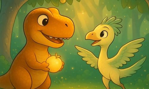 Taro, tyranozaur o łagodnym, zdumionym wyrazie i szerokim uśmiechu, łuskowatej bursztynowej skórze z złotym połyskiem, stoi na tylnych łapach i delikatnie trzyma świecący owoc; naprzeciwko Lira, smukła ornithopoda o krótkich kremowo‑zielonych piórach, wiruje na palcach jak tancerka, prowadząc go; scena w okrągłej świetlistej polanie z srebrzystymi pniami drzew, liśćmi w kształcie półksiężyców, gałęziami z mlecznymi owocami i miękkim mchem, przy świetle świetlików i złotych promieni — atmosfera ciepła, cudowności, ciekawości i przyjaźni, gdy Taro zrywa owoc otoczony kremową poświatą, a Lira tańczy na znak radości.