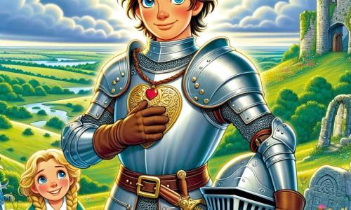 A young knight, Sir Cedric, stands proudly atop a hill, his armor gleaming under the setting sun. He has tousled brown hair and a determined look, his eyes shining with excitement and courage. In his hand, he holds a heart-shaped pendant, a symbol of his commitment to the land. Beside him is Bertha, a 12-year-old girl with braided blonde hair and a smiling face, watching in admiration. She wears a simple yet colorful dress and holds a small bag filled with herbs, ready to assist the knight in his quest. The backdrop is a vast green heath dotted with wildflowers and ancient stones, under a blue sky with white clouds. In the distance, a crumbling old bridge and a stone tower can be seen, their light shimmering faintly. The scene depicts Sir Cedric and Bertha, determined to restore the bridge and tower, symbols of hope for their village, as the gentle wind carries a sense of adventure and mystery.