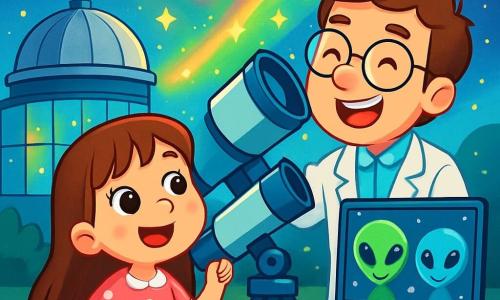 A 6-year-old girl named Lily, with long brown hair and sparkling curious eyes, stands next to a large telescope. She wears a pink dress with white polka dots and smiles in wonder, looking at the starry sky filled with colorful lights. Next to her, a man in his thirties, Dr. Starbeam, with round glasses and a white lab coat, also observes the sky through another telescope. He has a joyful and enthusiastic expression, showing Lily the stars. In the background, a large observatory with glass walls and a silver metal dome is illuminated by the soft light of the stars. The sky is filled with bright colors, with dancing lights resembling a rainbow. The main scene shows Lily and Dr. Starbeam fascinated by the mysterious lights in the sky, while a screen next to them displays friendly alien faces, creating a magical and joyful atmosphere.