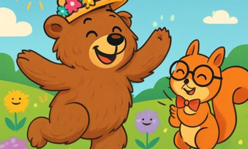 Benny, a brown bear with soft, tousled fur, joyfully dances in a sunny meadow, his eyes sparkling with happiness and a wide smile on his face. He wears a small straw hat adorned with colorful flowers, and his large paws beat the rhythm on the flowery ground. Next to him, a dandy squirrel in round glasses and a red bow tie twirls, his pink cheeks revealing his amusement. He claps enthusiastically, surrounded by dancing dandelions swaying to the rhythm of invisible music. The scene is a vibrant meadow dotted with fluffy, colorful dandelions under a bright blue sky, where candy-shaped clouds float gently. The main situation shows Benny and the squirrel dancing, surrounded by dandelions that seem to enjoy themselves, creating a joyful and absurd scene filled with bright colors and laughter.