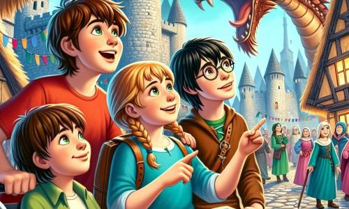 En un paisaje medieval vibrante, cuatro niños están en el centro de la escena. Lucas, un chico de 11 años con cabello castaño alborotado y una camiseta roja, sonríe entusiasmado señalando un gran castillo de piedra a lo lejos. Clara, una niña de 11 años con trenzas rubias y un vestido azul, mira al cielo con asombro, sus ojos brillantes de curiosidad. Martín, un chico de 11 años con gafas redondas y cabello negro, sostiene un viejo libro abierto que muestra una ilustración de un dragón, mientras se mantiene un poco atrás, pensativo. Por último, Sofía, una niña de 11 años en silla de ruedas, con cabello castaño y una blusa verde, sonríe cálidamente, rodeada de sus amigos, aportando una dosis de sabiduría a la escena. El decorado es un pueblo medieval animado, con casas de madera y techos de paja, banderas de colores ondeando al viento y aldeanos curiosos que los observan. Al fondo, un dragón majestuoso, con escamas brillantes, se acerca suavemente, sus ojos llenos de curiosidad. La situación principal muestra a los niños interactuando con el dragón, un momento de descubrimiento y amistad, mientras se preparan para ayudarlo y resolver los problemas del pueblo. Las expresiones de alegría y emoción iluminan sus rostros, capturando el espíritu de aventura y camaradería.