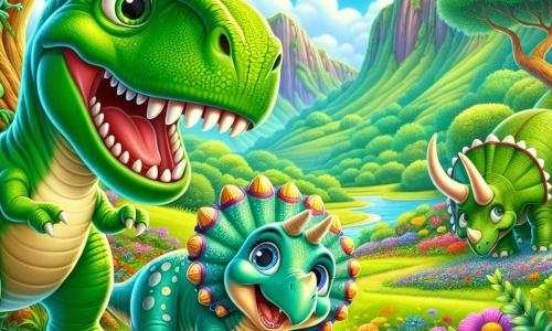 Um Tyrannossauro Rex chamado Téo, com uma pele verde brilhante e grandes olhos redondos cheios de curiosidade, está no centro da cena, exibindo um largo sorriso alegre. Suas grandes dentes brancas são visíveis enquanto ele observa ao redor com espanto. Ao seu lado, sua melhor amiga, Trixie, um Tricerátops com três chifres coloridos, pula de alegria, seus olhos brilhando de excitação. Um pouco mais longe, Bruno, um Brachiosaurus de pescoço longo, se inclina para comer folhas de uma árvore majestosa, adicionando um toque de suavidade à cena. O cenário é um lindo vale verdejante, repleto de flores coloridas, grandes árvores de folhagens luxuosas e um riacho cintilante que serpenteia pela paisagem. O céu é de um azul brilhante, salpicado de algumas nuvens fofas, criando uma atmosfera alegre e ensolarada. Nesta ilustração, Téo e seus amigos celebram sua chegada a este novo lugar maravilhoso, cercados de risadas e felicidade, prontos para explorar seu novo lar juntos.