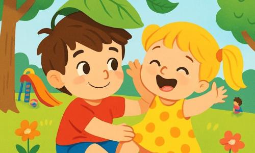Hay 2 personajes principales: Mateo, un niño de 5 años con cabello castaño desordenado y ojos brillantes, que lleva una camiseta roja y un pantalón corto azul, sentado en la hierba sonriendo y sosteniendo una gran hoja verde como un sombrero; y Sofía, una niña de 5 años con cabello largo y rubio atado en dos coletas, vestida con un vestido amarillo con lunares y sandalias rosas, que está al lado de Mateo riendo y levantando los brazos, feliz. La escena tiene lugar en un parque soleado con grandes árboles de hojas verdes, flores coloridas que bailan con el viento y un cielo azul claro salpicado de algunas nubes blancas. Mateo y Sofía están sentados juntos en la hierba después de que Sofía se cayera. Mateo le ofrece un abrazo reconfortante mientras una hoja verde flota suavemente alrededor de ellos, simbolizando su amistad y alegría recuperada.