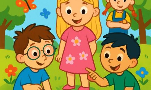 Es gibt 4 Kinder: - Lilly: ein 6-jähriges Mädchen mit langen blonden Haaren und strahlenden Augen. Sie trägt ein rosa Blumenkleid und steht in der Mitte, während sie das geheimnisvolle Objekt im Gras betrachtet. - Max: ein 7-jähriger Junge mit zerzausten braunen Haaren und einer Brille. Er trägt ein blaues T-Shirt und hockt links von Lilly, neugierig auf den kleinen Schlüssel. - Ben: ein 6-jähriger Junge mit schwarzen Haaren und einem schelmischen Lächeln. Er trägt eine grüne Shorts und steht rechts von Lilly, zeigt auf den Schlüssel, den er gefunden hat. - Mia: ein 5-jähriges Mädchen mit roten Haaren und Zöpfen. Sie trägt eine gelbe Latzhose und steht hinter Lilly mit verschränkten Armen, interessiert an der Entdeckung. Der Ort ist ein sonniger Garten, gefüllt mit bunten Blumen und grünen Bäumen. Das Gras ist leuchtend grün, und Schmetterlinge fliegen um die Kinder, was der Szene einen Hauch von Magie verleiht. Die Hauptsituation zeigt die Kinder, die einen kleinen glänzenden Schlüssel im Gras entdecken, ihre Gesichter erleuchtet von Neugier und Aufregung. Sie schauen sich mit weit aufgerissenen Augen an und sind bereit, das Geheimnis dieses geheimnisvollen Objekts zu lösen.