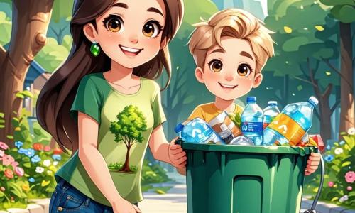 Op de voorgrond staat een 9-jarig meisje, Sophie, met lange bruine haren en sprankelende ogen van nieuwsgierigheid, die vrolijk glimlacht terwijl ze een grote vuilnisbak vol recyclebaar afval vasthoudt. Ze draagt een groene t-shirt met een tekening van een boom en een spijkerbroekshort, wat haar liefde voor de natuur symboliseert. Naast haar is Max, een 9-jarig jongetje met blond haar en ronde bril, die afval van de grond opruimt, met een vastberaden uitstraling op zijn gezicht. Op de achtergrond is het park groen, met grote majestueuze bomen, kleurrijke bloemen en een stralende blauwe lucht, wat een vrolijke en gastvrije sfeer creëert. Vogels zingen in de takken en een kleine beek kronkelt door het landschap. De belangrijkste situatie toont Sophie en Max in volle actie tijdens hun schoonmaakdag, omringd door hun klasgenoten, allemaal verenigd om hun omgeving te beschermen. Ze lachen en praten terwijl ze afval opruimen, wat de teamgeest en betrokkenheid van de kinderen in de strijd tegen klimaatverandering illustreert.