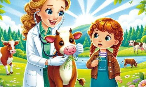Dr. Lily is a smiling veterinarian with golden hair and sparkling blue eyes, wearing a large white coat. She is crouched down, gently examining a brown cow named Daisy, who looks a bit sad. Next to her, Mia, an 8-year-old girl with muddy pink boots and braided brown hair, watches in admiration with wide eyes of curiosity. She holds a stethoscope in her small hands and is ready to help. The scene takes place in a green field on a sunny farm, surrounded by colorful flowers and majestic trees, with happy animals frolicking around. Dr. Lily and Mia are working together to help Daisy, who has grass stuck in her mouth. The veterinarian carefully uses her hands to remove the grass while Mia observes attentively, eager to learn.