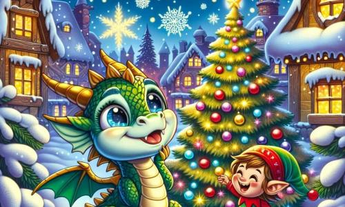 Ein kleiner Drache mit grünen und goldenen Schuppen, großen, neugierigen Augen, steht in der Mitte der Szene, erstaunt und lächelnd, während er einen riesigen, funkelnden Weihnachtsbaum betrachtet. Neben ihm tanzt ein kleiner Elf mit fröhlichem Gesicht, gekleidet in einem roten und grünen Kostüm mit spitzen Ohren, um den Baum und lacht vor Freude. Im Hintergrund leuchtet ein verschneites Dorf mit bunten Lichtern, Holzhäusern mit schneebedeckten Dächern und sanft fallenden Schneeflocken unter dem sternenklaren Himmel. Die Szene strahlt eine festliche und magische Atmosphäre aus und fängt den Moment ein, in dem der Drache und der Elf gemeinsam die Magie von Weihnachten unter den Sternen entdecken.