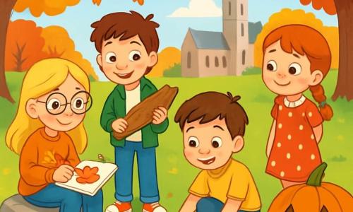 Er zijn 4 kinderen: - Lotte: een 8-jarig meisje met lange blonde haren en ronde bril, ze draagt een oranje trui met herfstbladeren erop. Ze zit op een grote steen en tekent een pompoen in haar schrift. - Jasper: een 8-jarige jongen met rommelig bruin haar en een ondeugende glimlach, hij draagt een groene jas en houdt een grote schors in zijn handen, staand naast Lotte. - Tim: een 8-jarige jongen met kastanjebruin haar en sprankelende ogen, hij draagt een gele t-shirt en is gehurkt om kleurrijke bladeren van de grond te rapen. - Sara: een 8-jarig meisje met rood haar in vlechten, ze draagt een rode jurk met witte stippen en staat rechtop, kijkend naar een grote pompoen met een glimlachend gezicht. De scène speelt zich af op een uitgestrekt groen grasveld, omringd door bomen met schitterende bladeren in geel, oranje en rood. In de verte is een grote stenen kerk te zien en een helderblauwe lucht met wolken. Herfstdecoraties, zoals slingers van bladeren en pompoenen, hangen aan de bomen. De kinderen zijn vrolijk bezig met knutselen, omringd door bladeren, schors en kleine herfstdecoraties, terwijl ze lachen en hun ontdekkingen over de schoonheid van het seizoen delen.